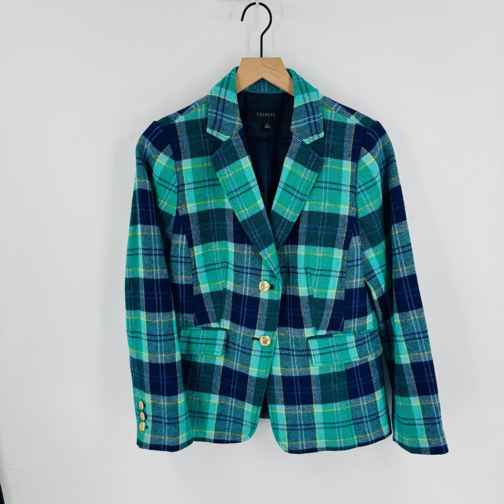 Talbots Green Navy Plaid Wool Blend Blazer Gold Crest Size 6 Preppy Academia